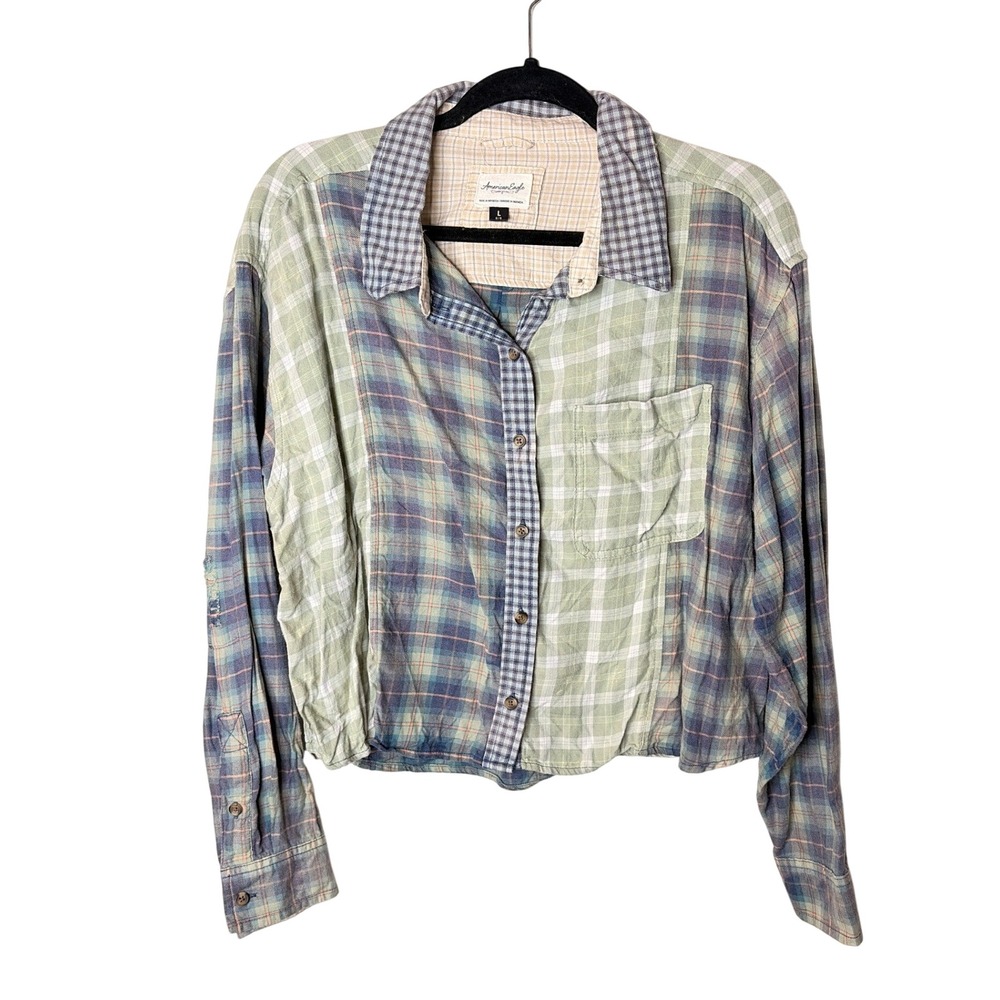 American Eagle Mixed Plaid Patchwork Cropped Button Down Flannel Large - Picture 1 of 10